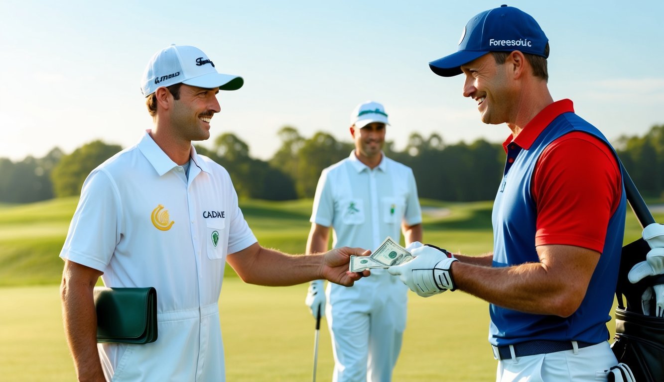 A golfer handing cash to a caddie, while a forecaddie stands in the distance, waiting for instructions