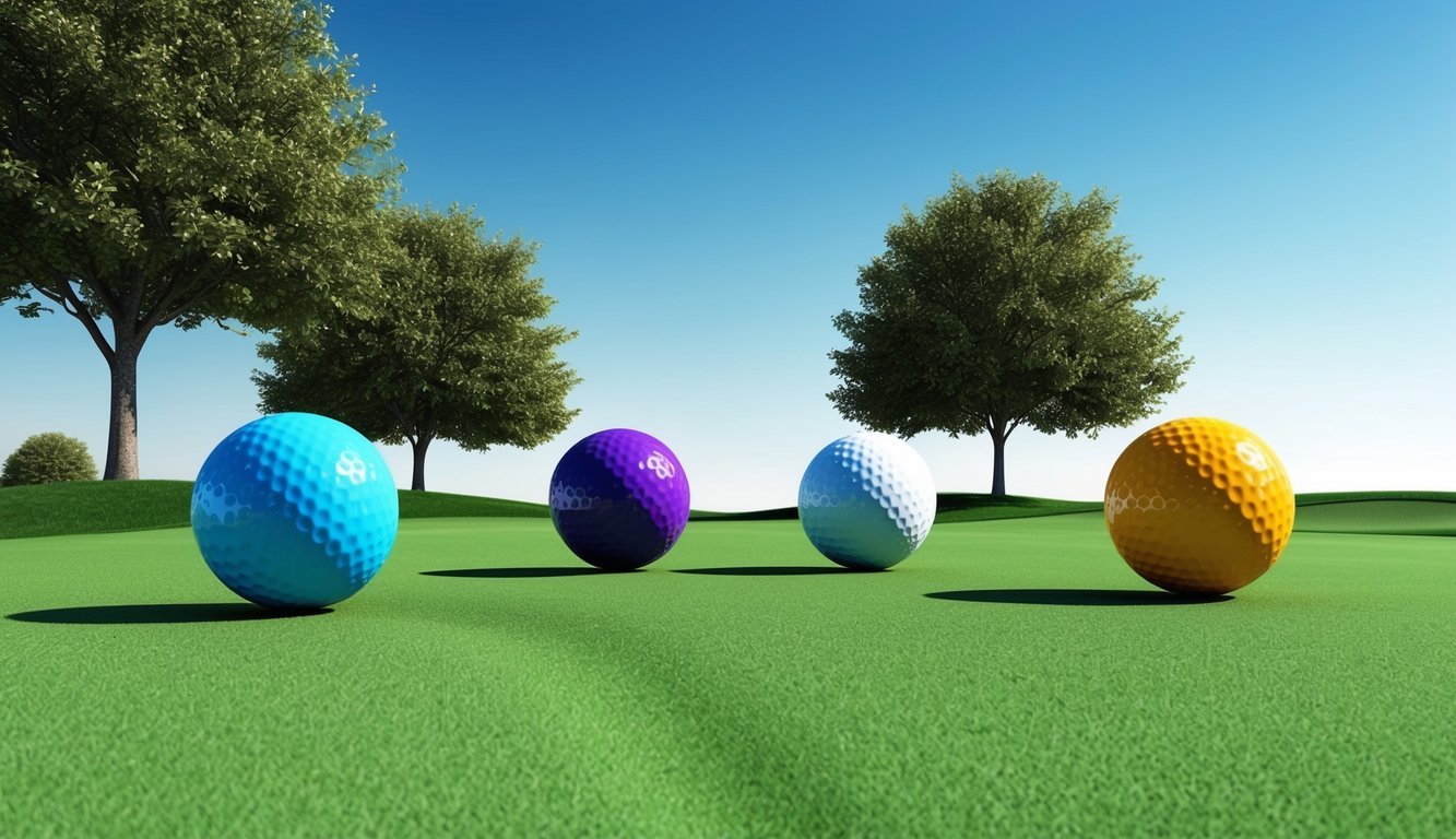 A golf course with four colorful balls on the green, surrounded by trees and a clear blue sky