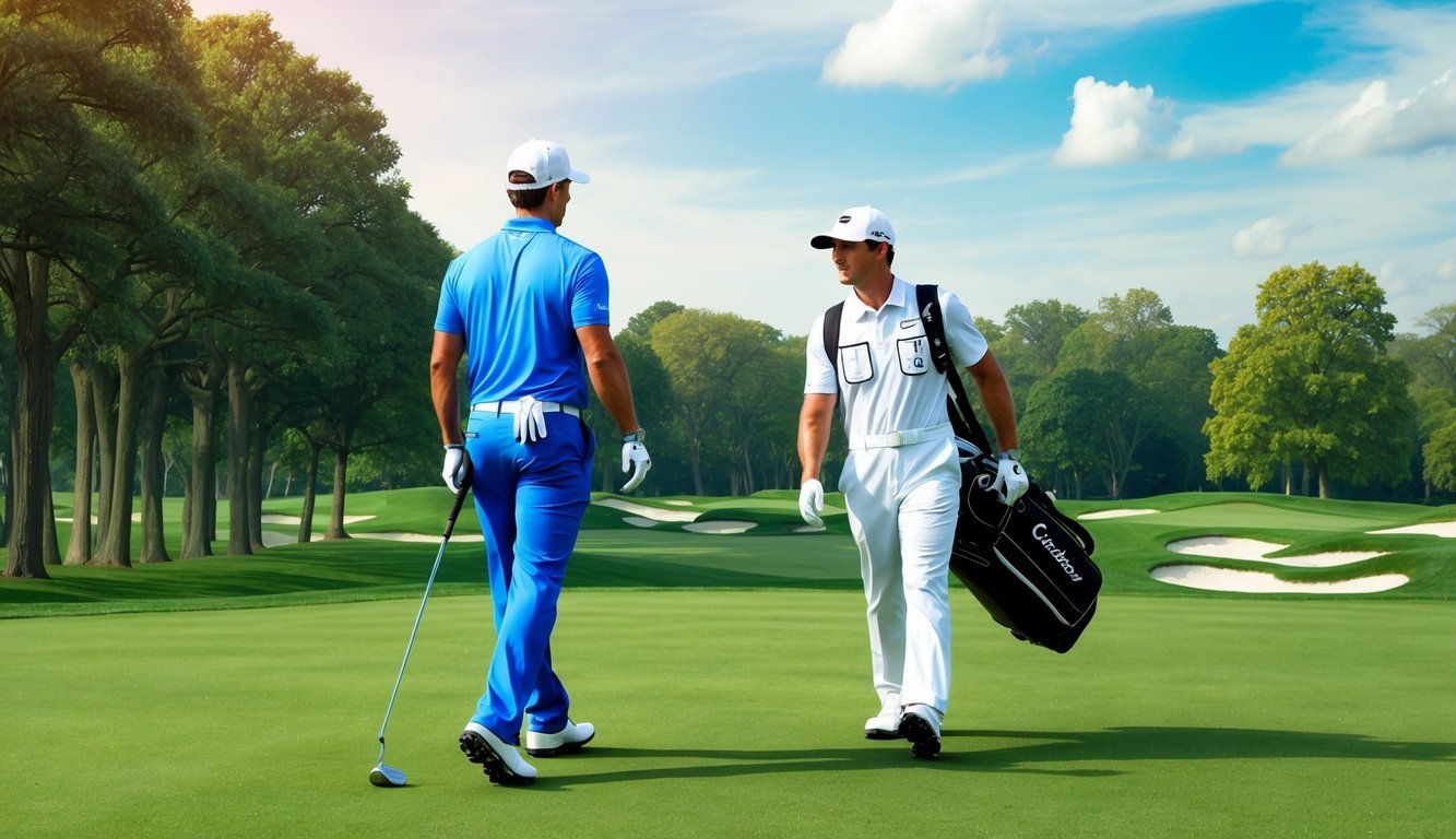 A forecaddie watches from a distance as a caddie carries a golfer's bag on a lush, manicured golf course