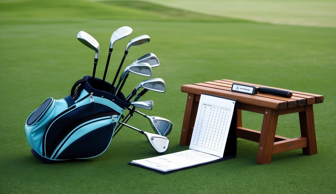 Golf clubs laid out on a grassy field, with a golfer's bag and a scorecard on a wooden bench nearby