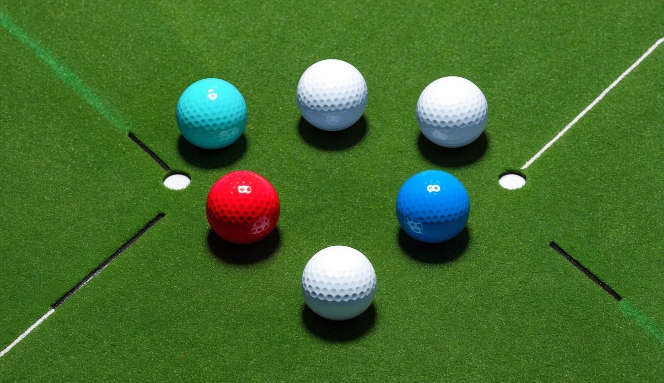 Four golf balls positioned on a putting green, each with a different color and arranged in a square formation