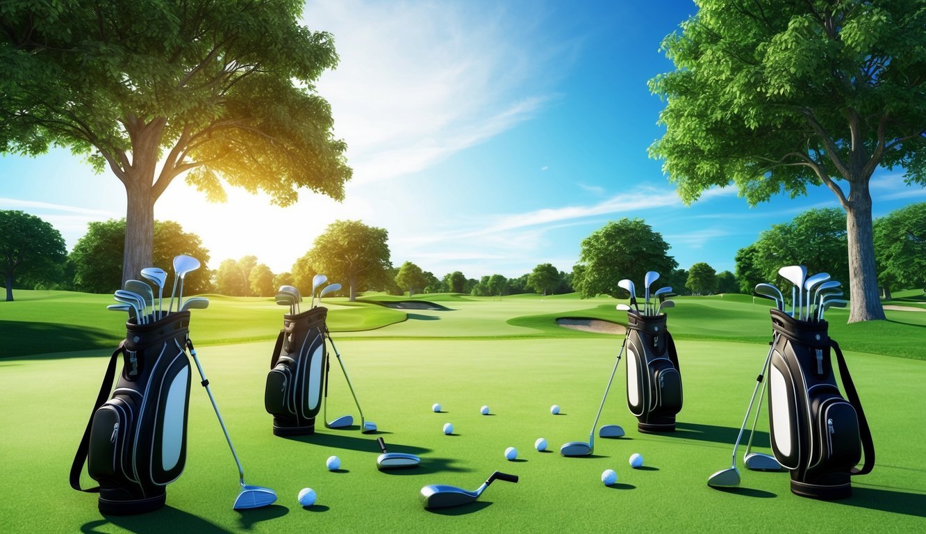 A sunny golf course with four sets of clubs and balls scattered across the green, surrounded by lush trees and a clear blue sky