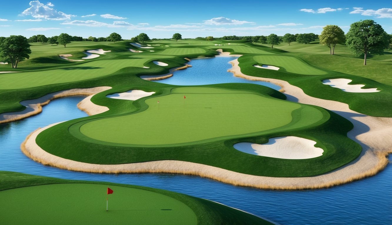 A rolling green golf course with bunkers, fairways, and water hazards under a clear blue sky