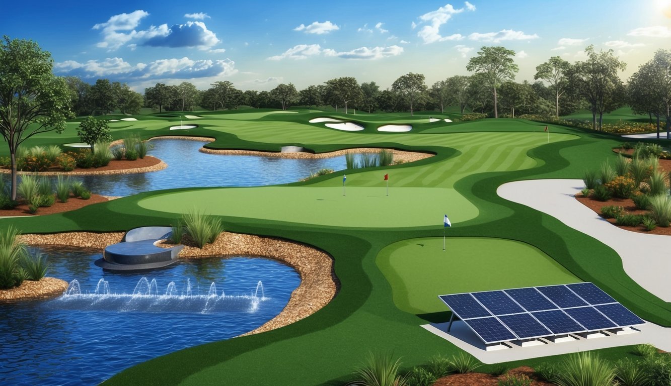 A golf course with natural landscaping, water features, and solar panels integrated into the design