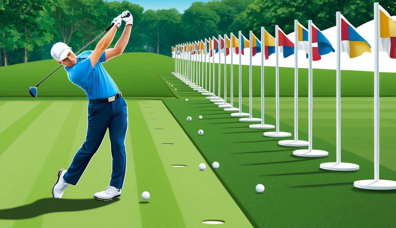 A golfer practicing on a driving range, hitting a ball with a driver.</p><p>A row of flags marks the distance targets