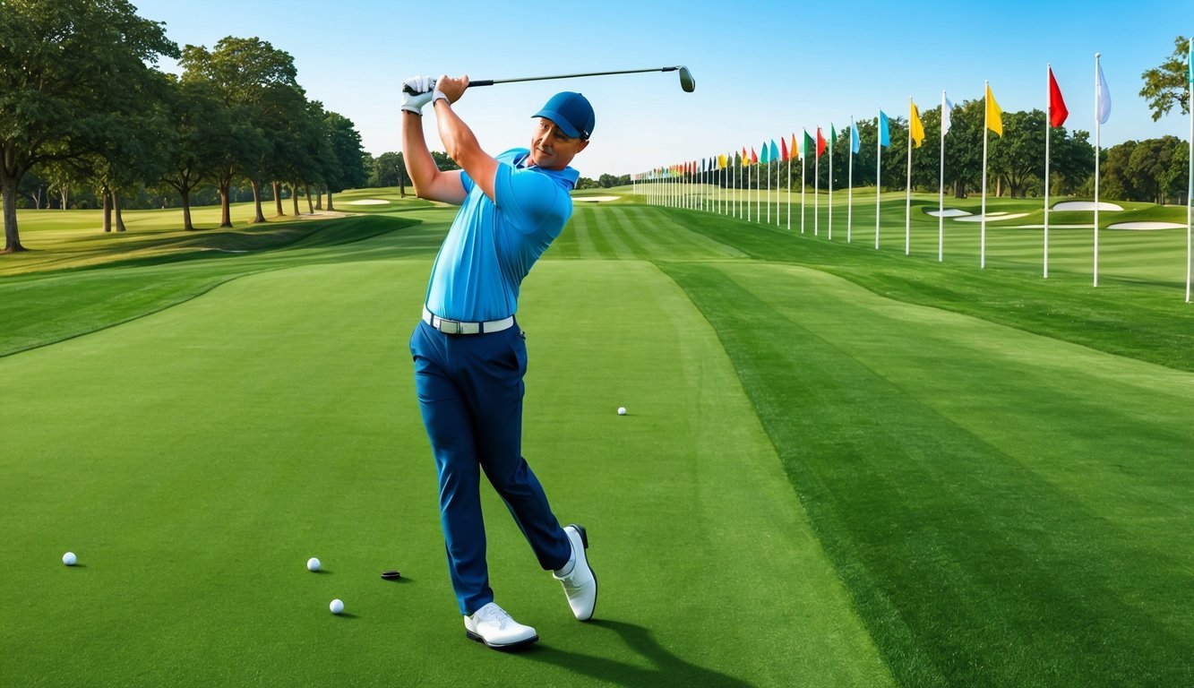 A golfer swings a club on a lush, green fairway, with a row of flags marking the practice range in the background