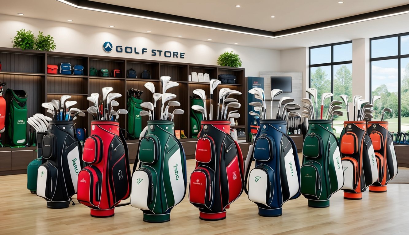 A display of golf clubs, bags, and accessories arranged in a well-lit and spacious store