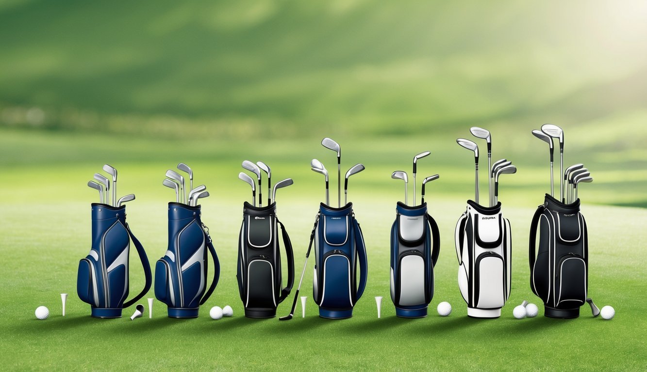 A set of golf clubs arranged from beginner to advanced level, with bags, gloves, and tees displayed on a pristine grassy field