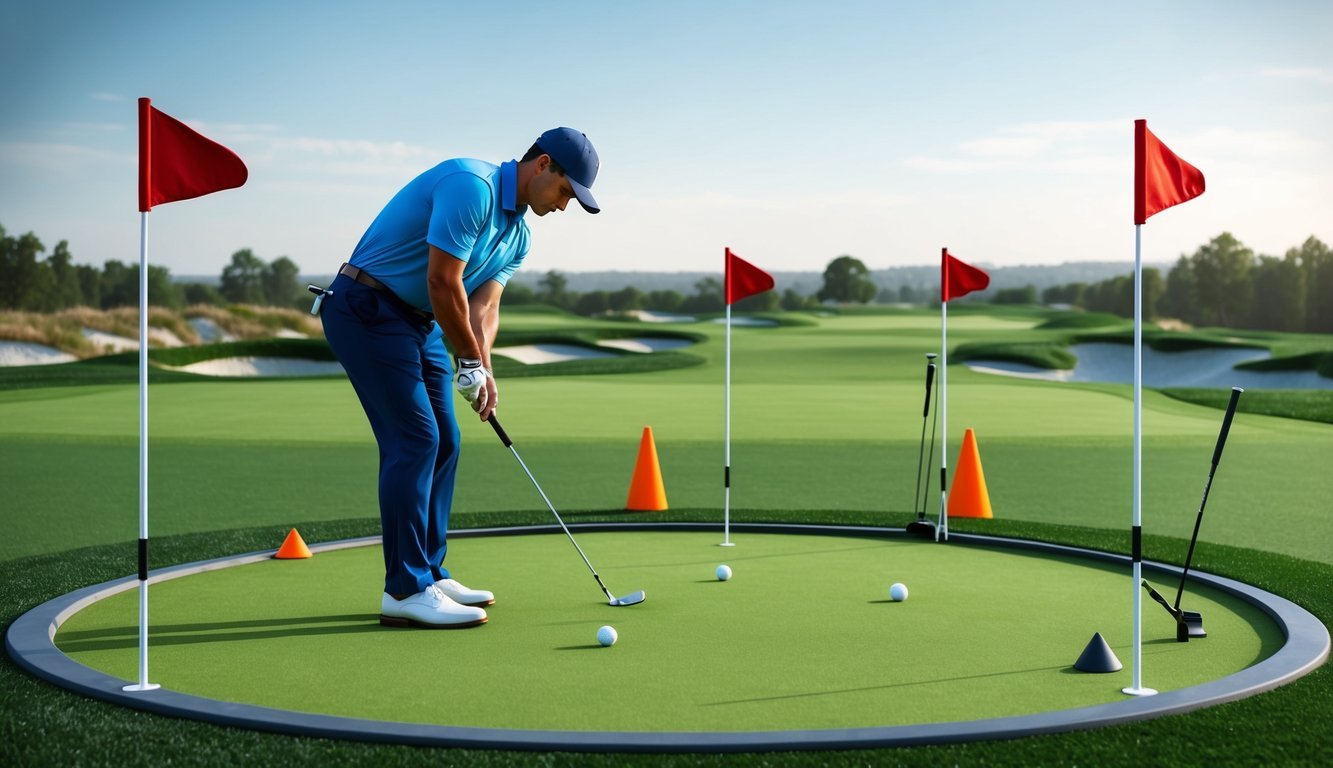 A golfer practices chipping onto a pristine putting green, with multiple flags and obstacles set up for precision training