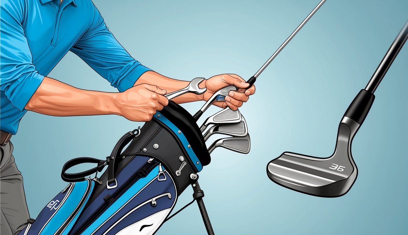 A golf bag sits open, with clubs neatly arranged.</p><p>A golfer holds a wrench, adjusting the weight on a driver.</p><p>A new grip is being fitted onto a putter