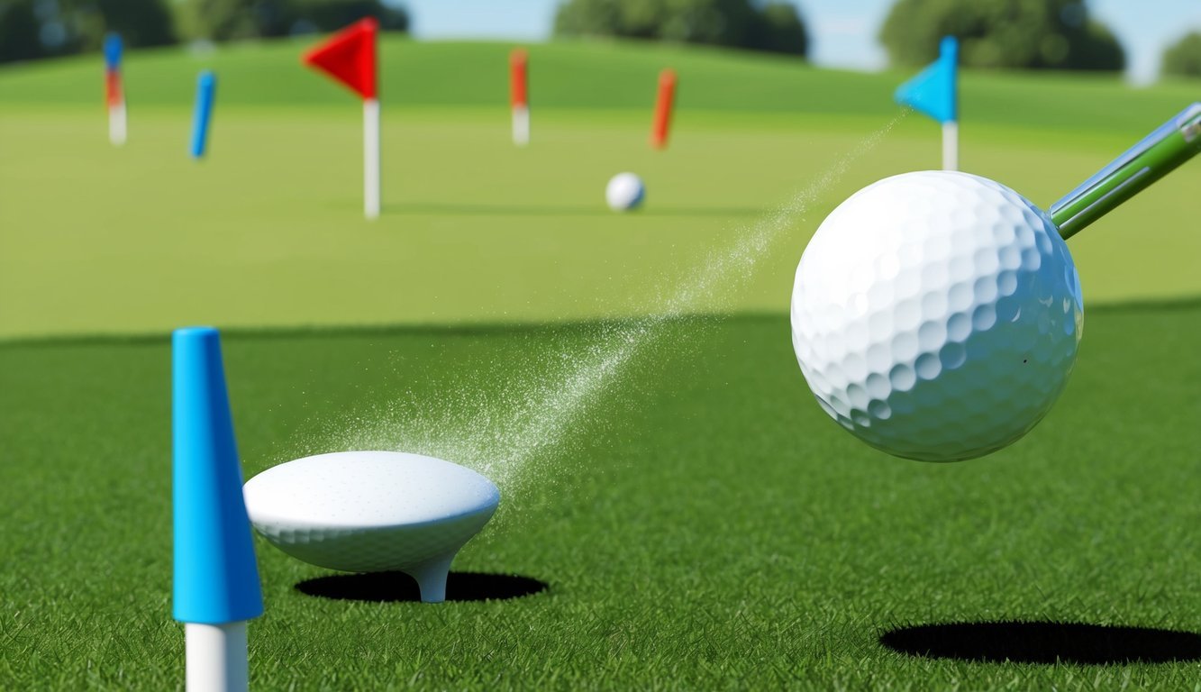 A golf ball flying through the air towards a distant target on a green, surrounded by markers and flags for accuracy practice