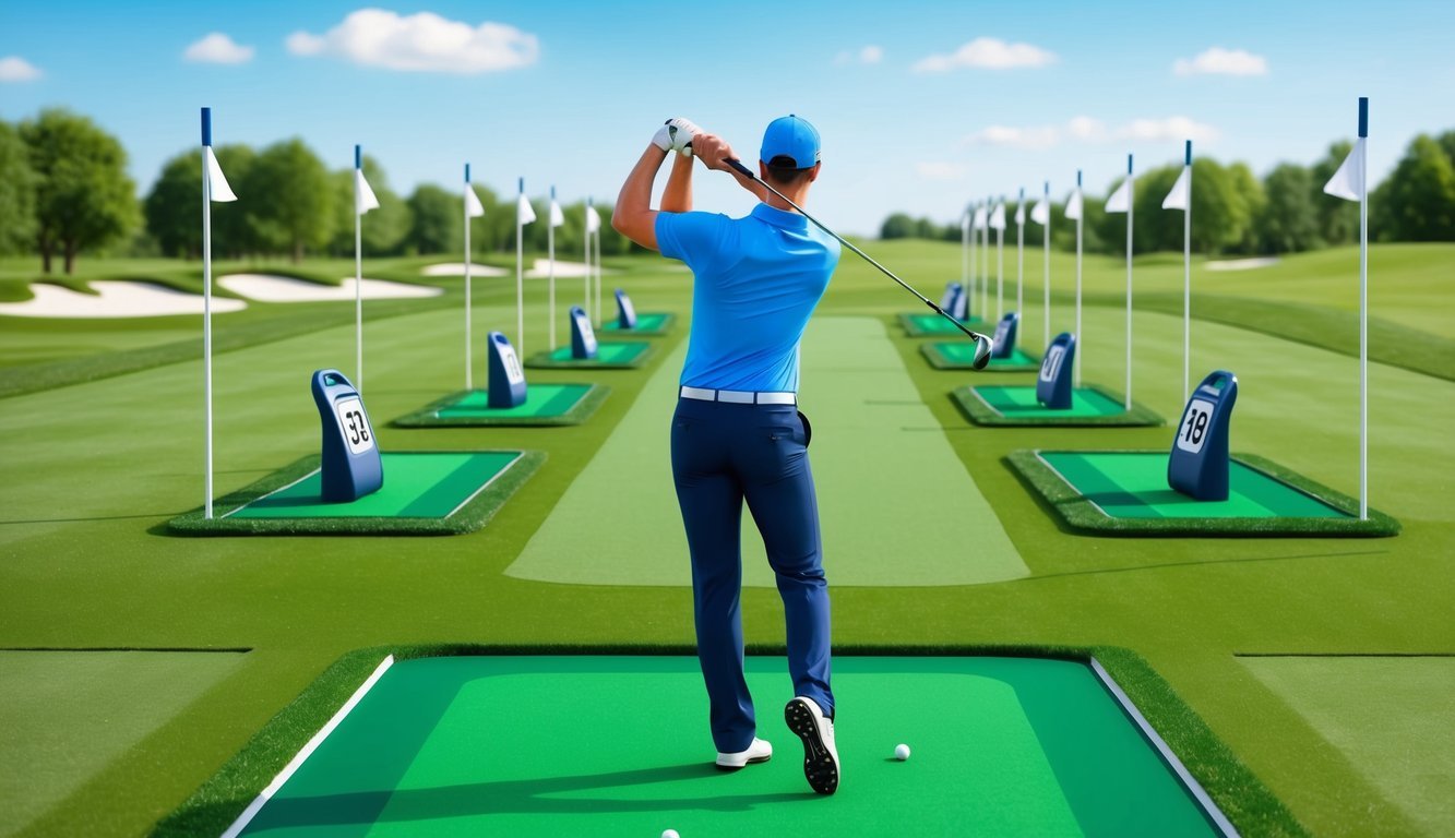 A golfer stands on a lush green driving range, adjusting their stance and grip while evaluating their swing.</p><p>A row of flags marks the distance targets in the background