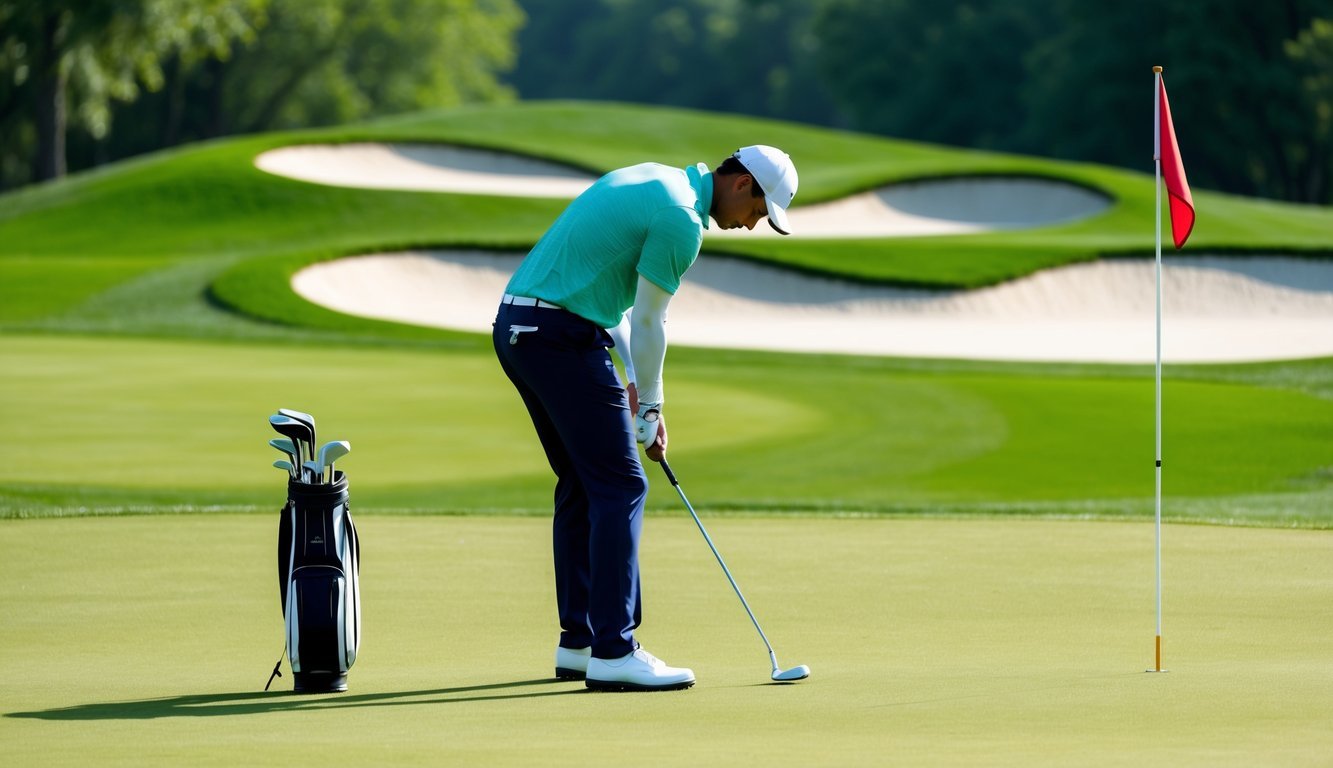 A golfer teeing off on a lush green fairway, with a flagstick and sand traps in the background