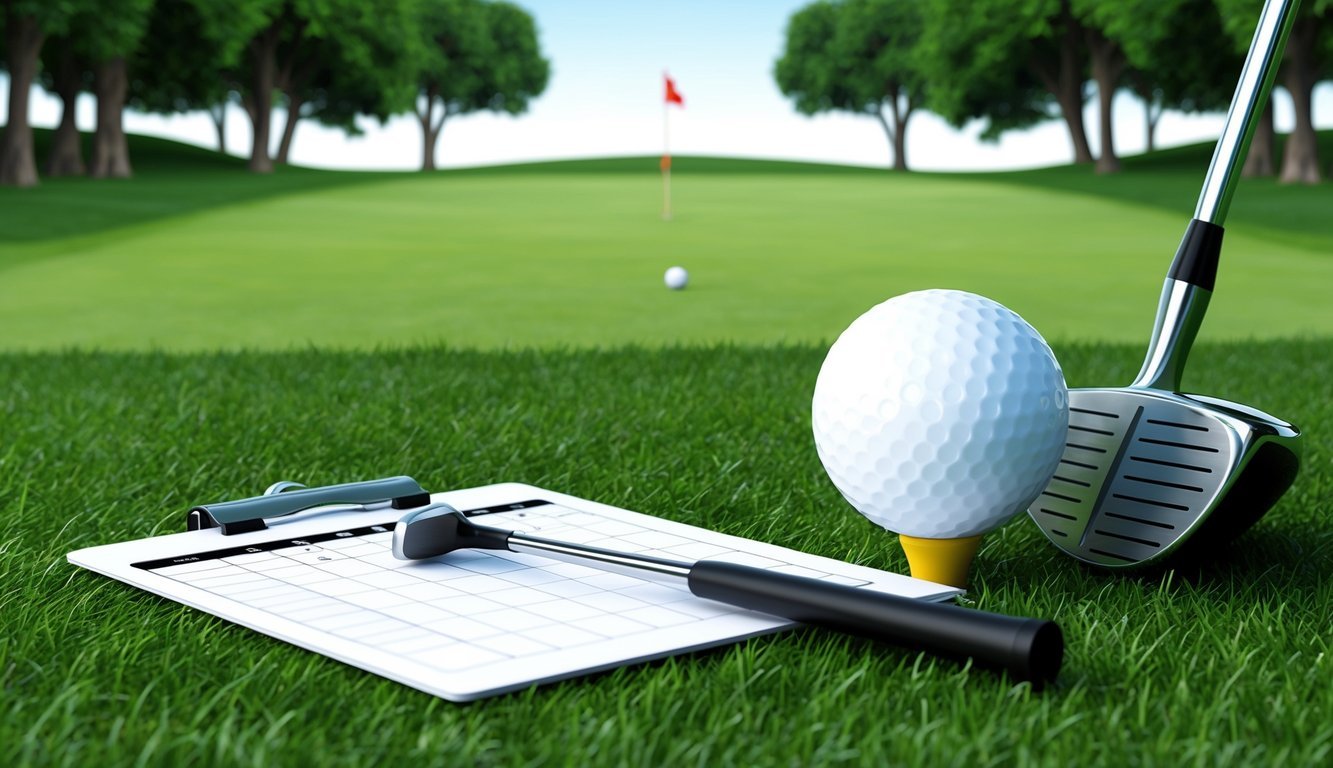 A golf ball sitting on a tee, with a club and a scorecard on the grassy fairway, surrounded by trees and a distant flag on the green