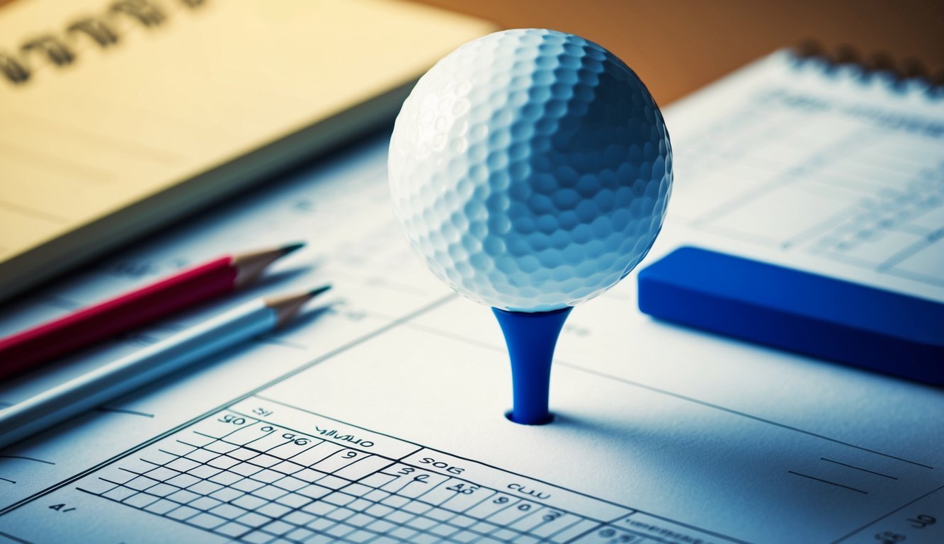 A golf ball on a tee, with a scorecard and pencil nearby