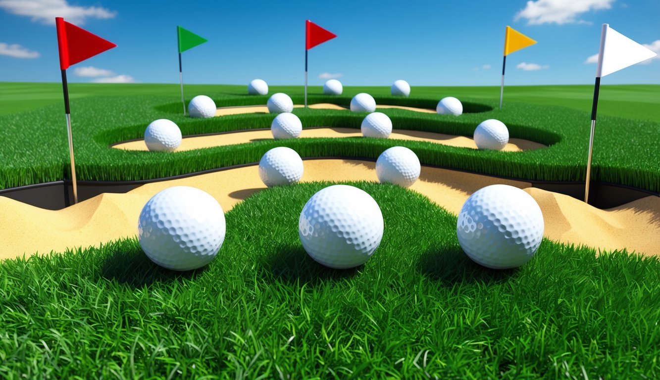 Golf balls on neatly trimmed grass, surrounded by flags and sand traps, with a clear blue sky overhead