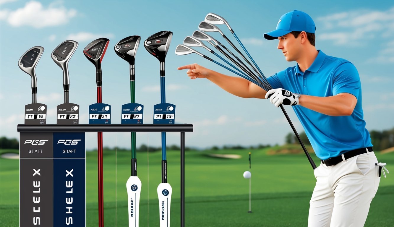 A golfer comparing different golf shaft flexes on a rack, with various options displayed for selection