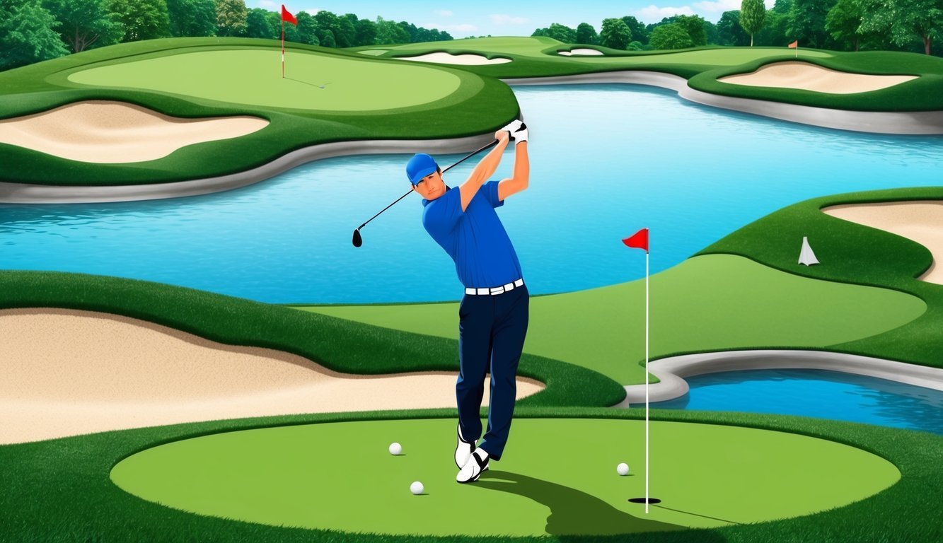 A golfer tees off on a challenging course, aiming for the next hole.</p><p>Sand traps and water hazards present potential obstacles