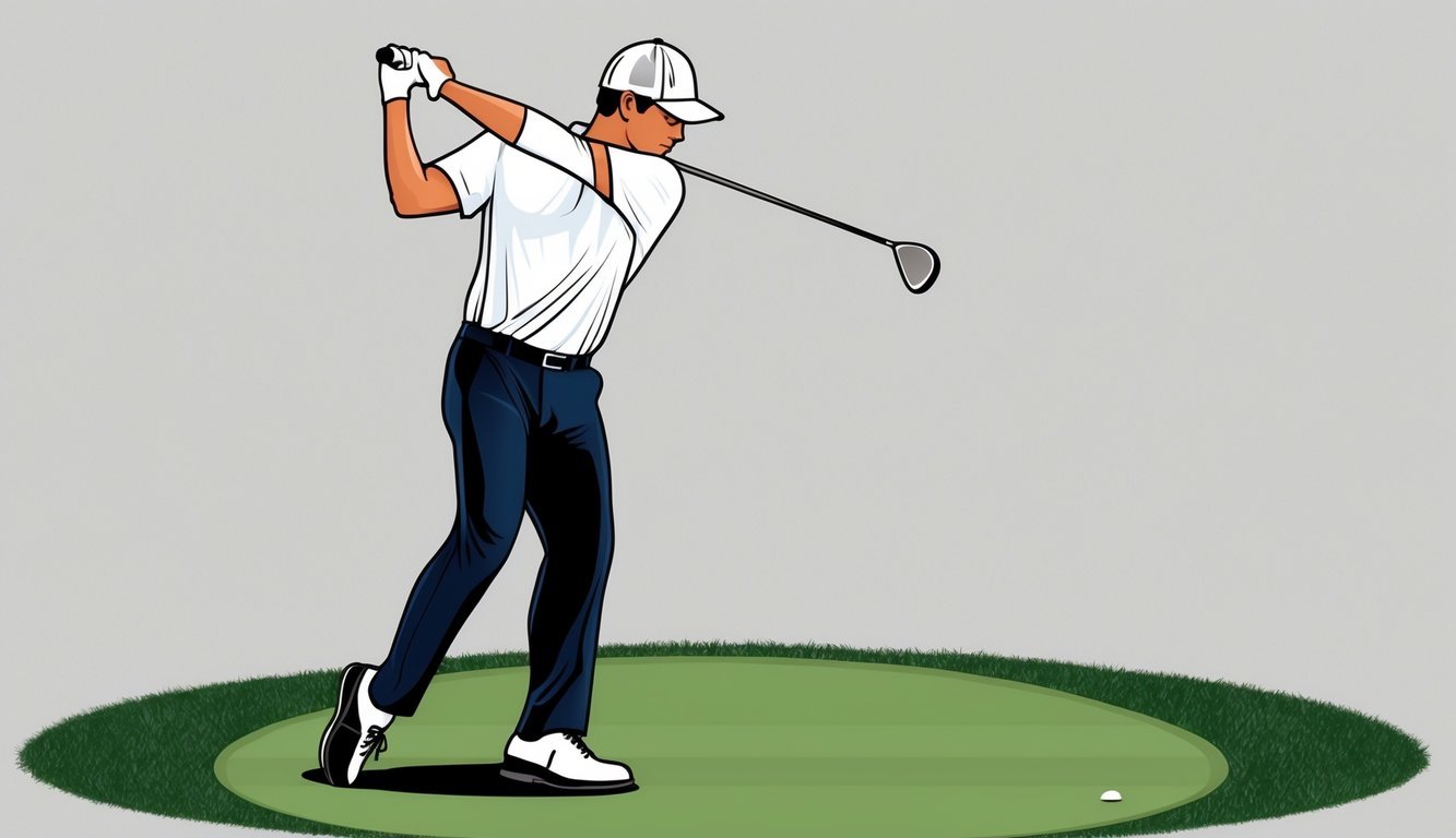 A golfer swinging a club, feet planted, body rotating, and arms extending