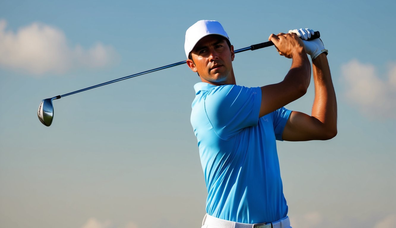 A golfer in mid-swing, club extended back, body coiled, eyes fixed on the ball