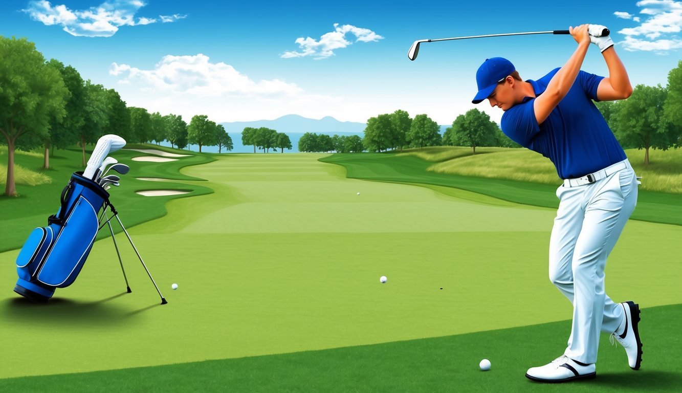 A golfer tees up, swings, and drives the ball down the fairway