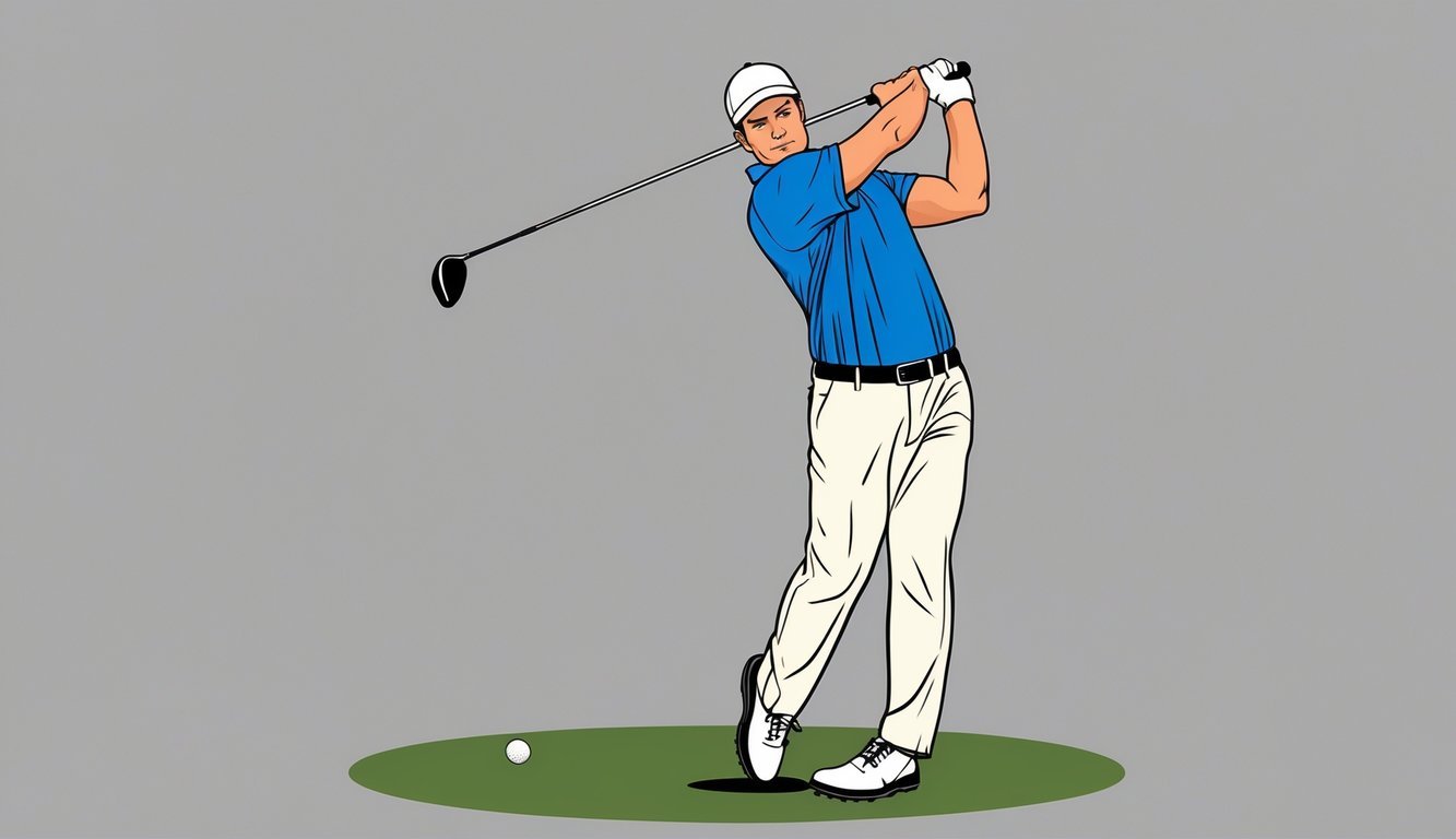 A golfer swings a club, focusing on proper form and technique