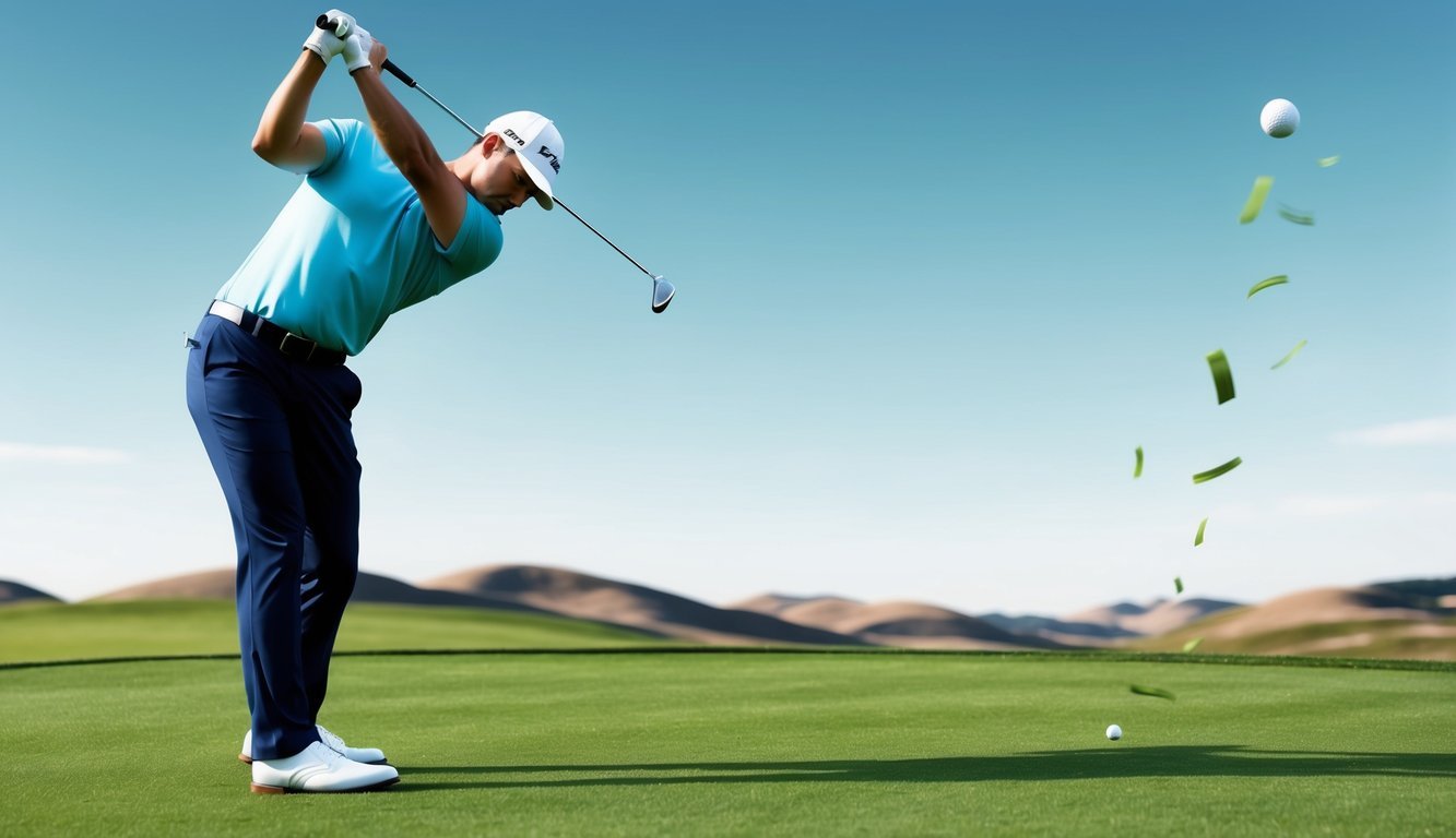 Golf club swinging in a precise arc, ball soaring through the air towards the green, with a backdrop of rolling hills and a clear blue sky