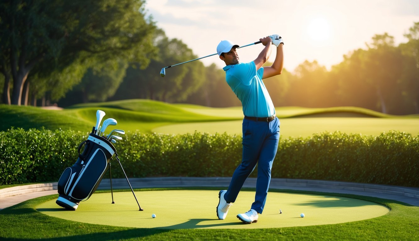 A golfer swings a club on a lush, sunlit driving range