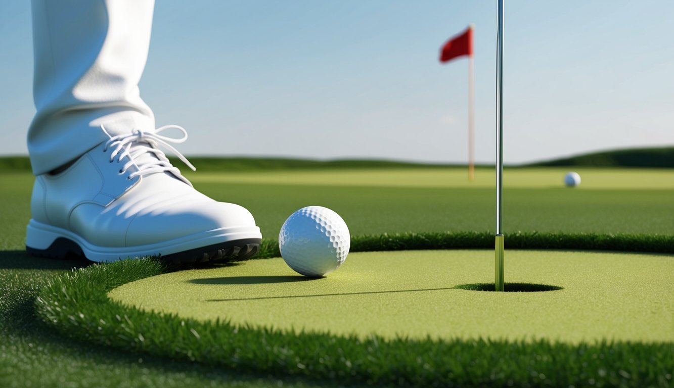 A golfer's ball lands on the green, surrounded by neatly trimmed grass and a flag in the distance