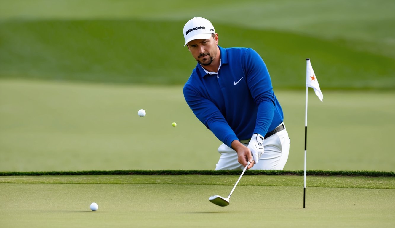 A golfer chips onto the green, aiming for a small flag in the distance.</p><p>The ball lands softly and rolls toward the hole