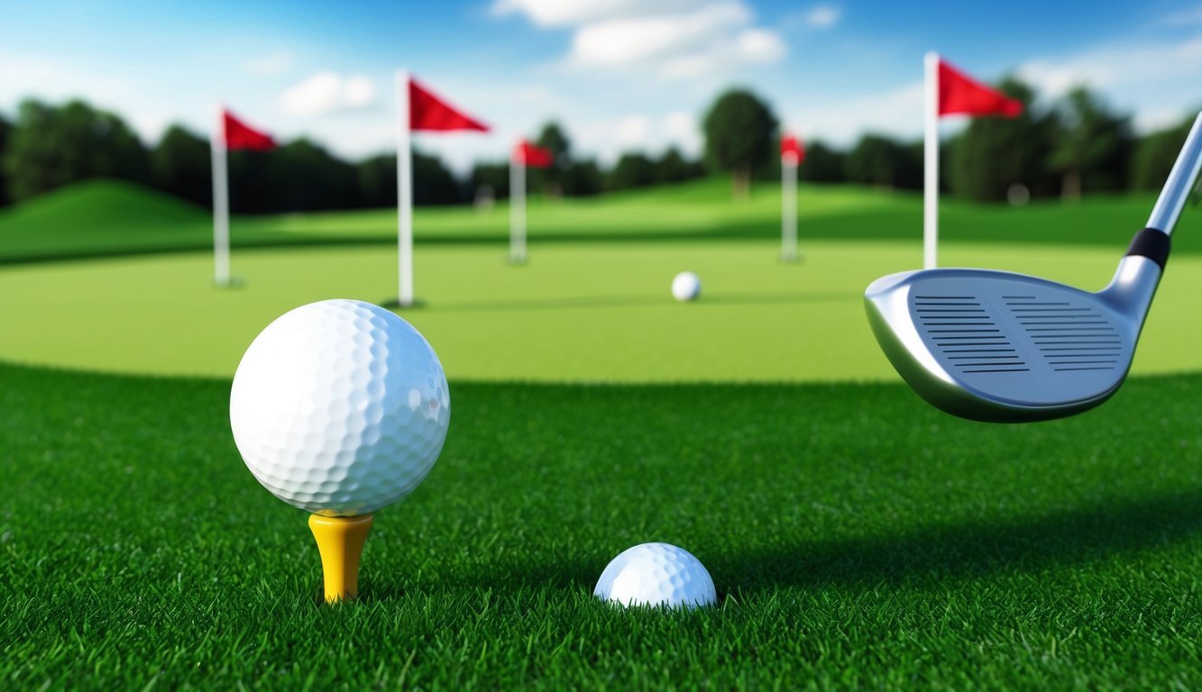 A golf ball sitting on a tee, with a club poised to strike.</p><p>A putting green in the background, surrounded by flags and markers