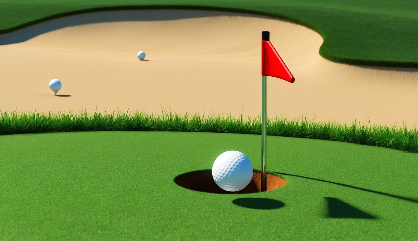 A golf ball landing on the green, with a flagstick in the hole and surrounding grass and sand traps