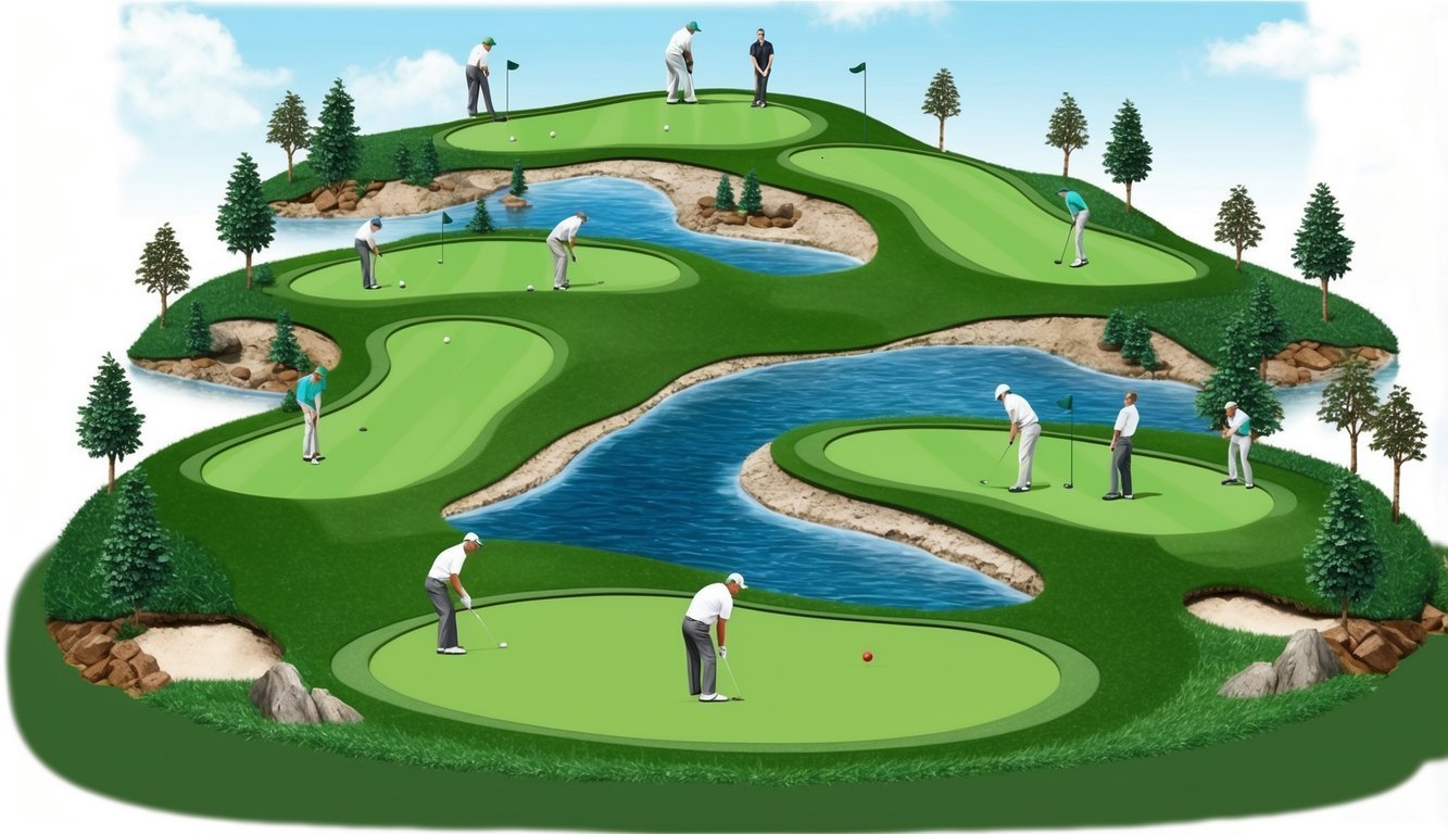 A golf course with multiple levels of difficulty, featuring various distances and hazards, with golfers attempting to land their balls on the green