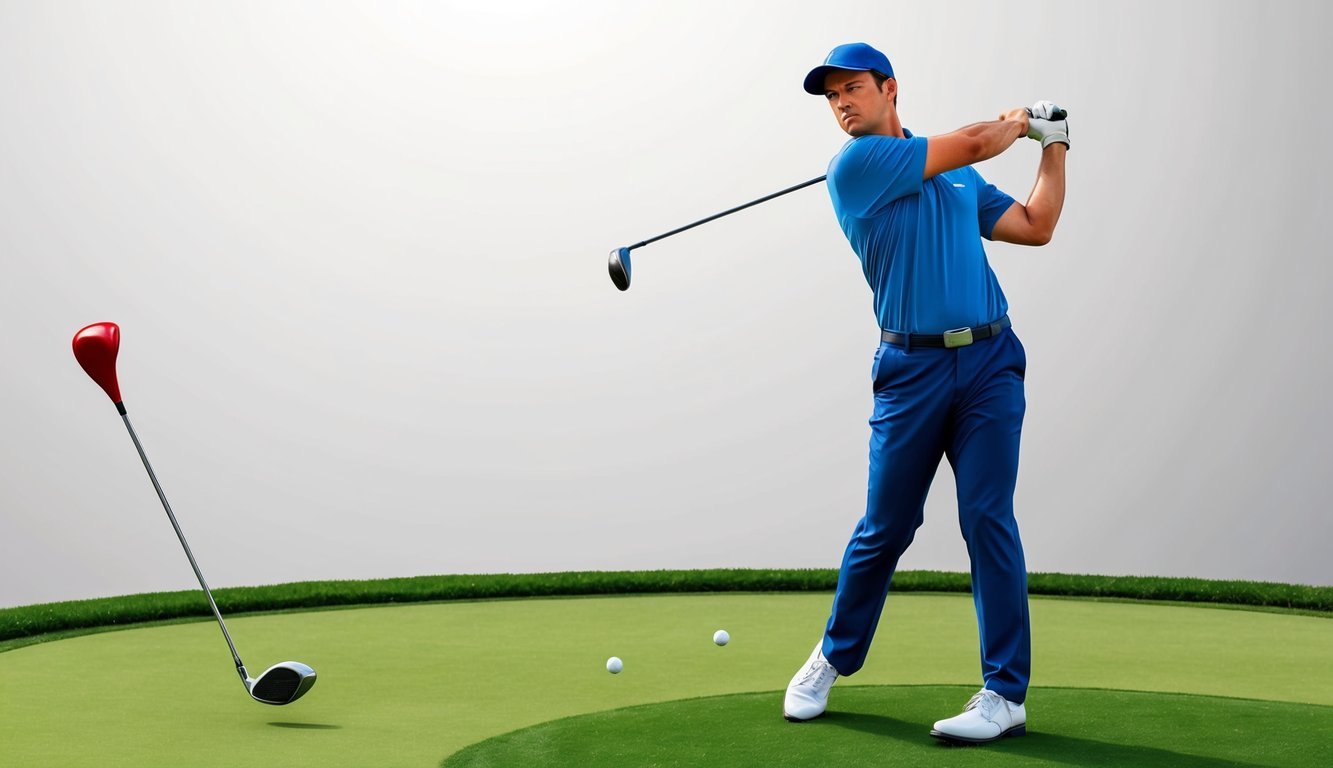 A golfer adjusts their stance and swing to correct a slice, with a ball curving left to right