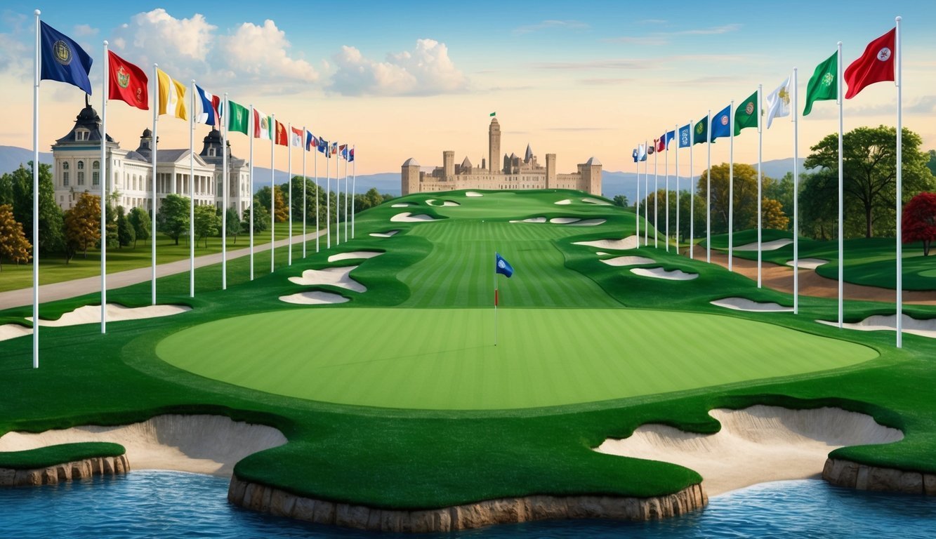 A lush green golf course with iconic major championship flags lining the fairways, surrounded by historical landmarks representing the growth of the sport