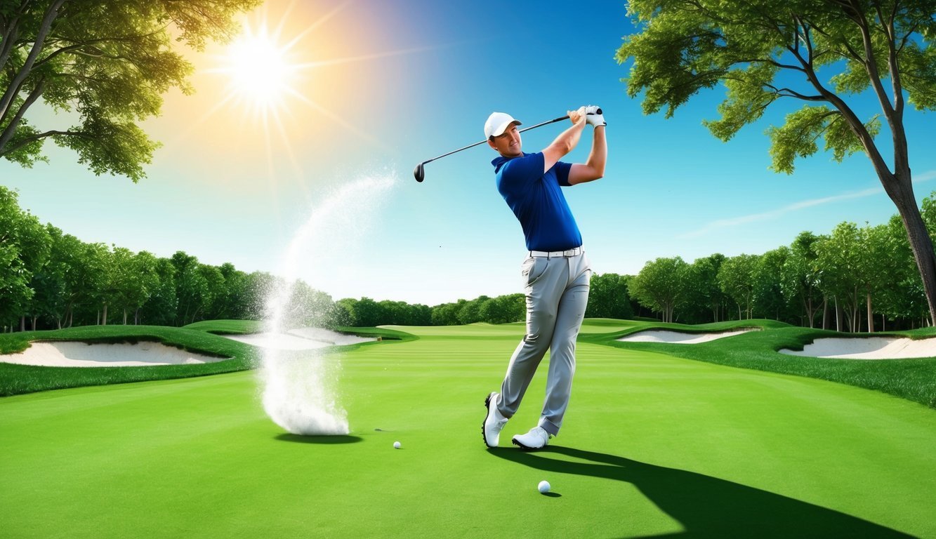 A golfer swings a 3 wood, sending the ball soaring through the air towards the green.</p><p>The sun shines down on the lush fairway, with trees and bunkers lining the edges of the course