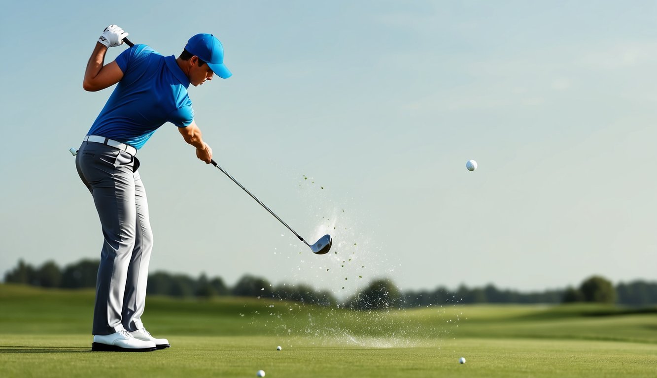 A golfer swings a 3 wood, striking the ball with precision, sending it soaring through the air towards the distant green