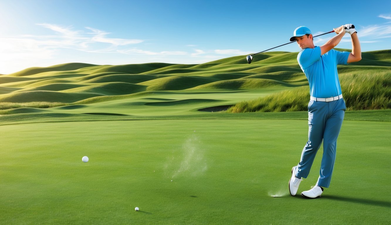 A golfer swings a 3 wood club, hitting a golf ball off the fairway with a picturesque backdrop of rolling hills and a clear blue sky