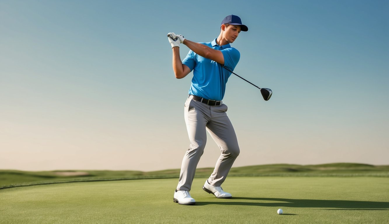 A golfer adjusting their grip and stance to correct their slice, with a clear focus on the ball and a confident swing