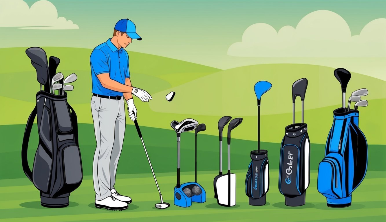 A golfer standing on a lush green fairway, holding a golf club and examining a variety of training aids and equipment designed to fix a slice