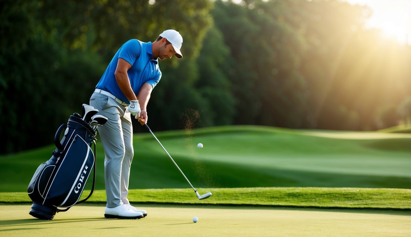 A golfer tees up on a lush green fairway, the sun casting a warm glow as they prepare to swing their driver with precision and focus