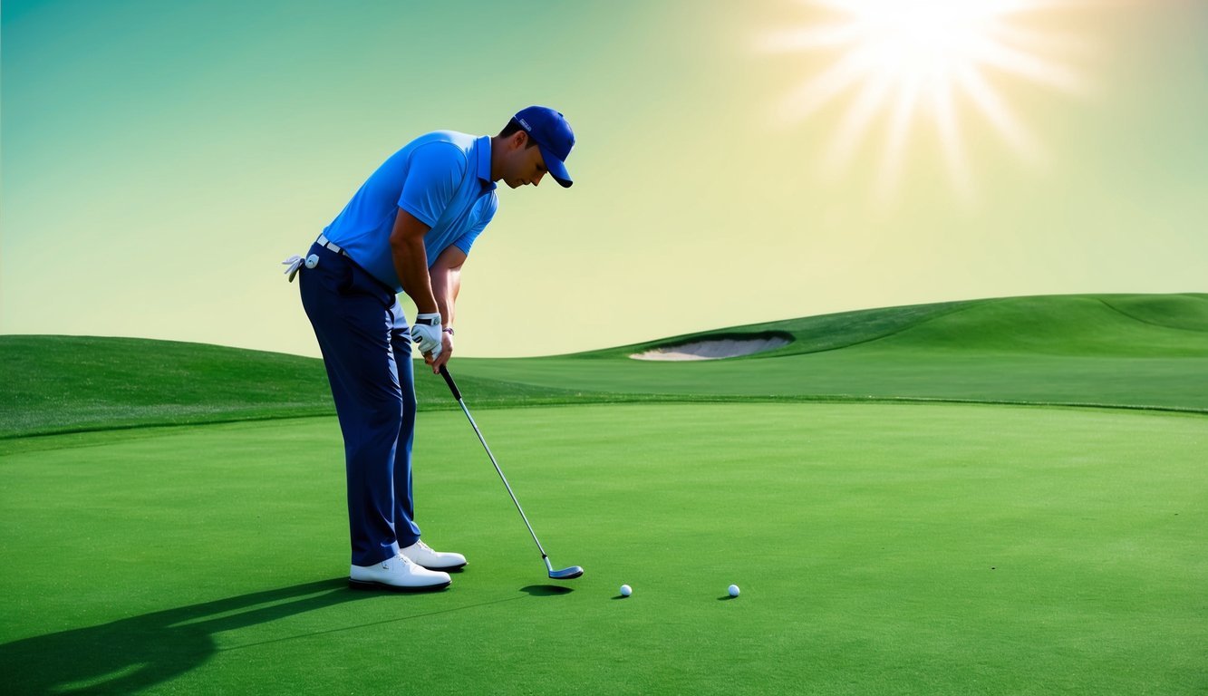 A golfer stands on a green, grassy fairway, lining up their shot with a driver.</p><p>The sun shines overhead as they prepare to swing with precision