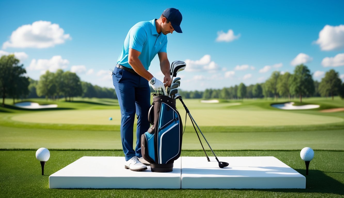 A golfer adjusting driver settings on a tee box, with a clear blue sky and lush green fairway in the background