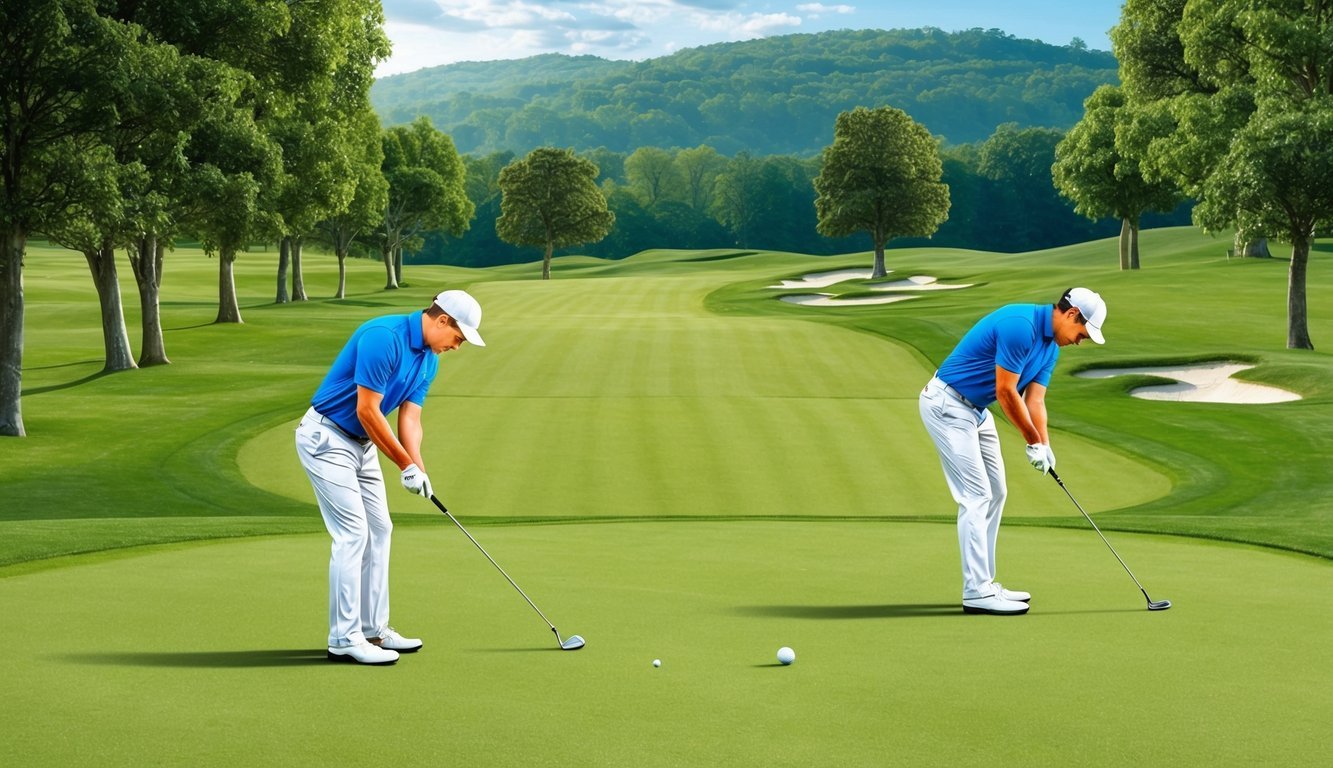 A golfer using different club angles to shape shots around obstacles on a scenic, tree-lined fairway