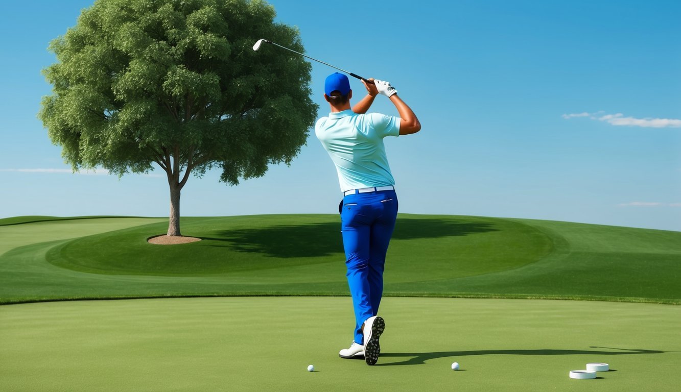 A golfer adjusting their stance to shape a shot around a tree, with a clear blue sky and lush green grass in the background