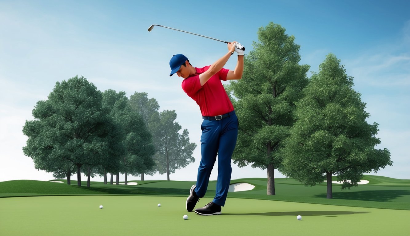 A golfer standing on the course, adjusting their stance and club angle to shape a golf shot around a cluster of trees