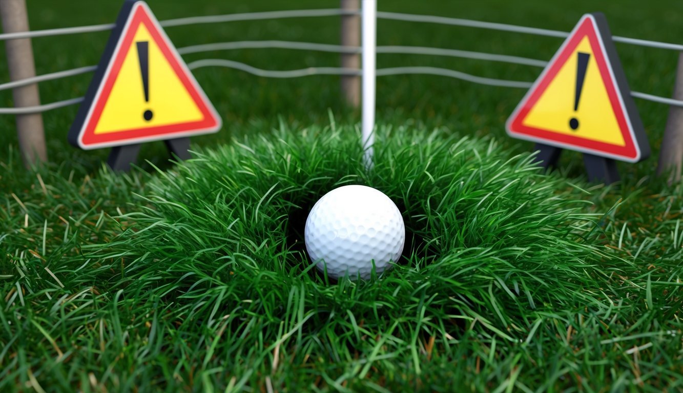 A golf ball hidden in a dense patch of rough grass, surrounded by warning signs and a fence