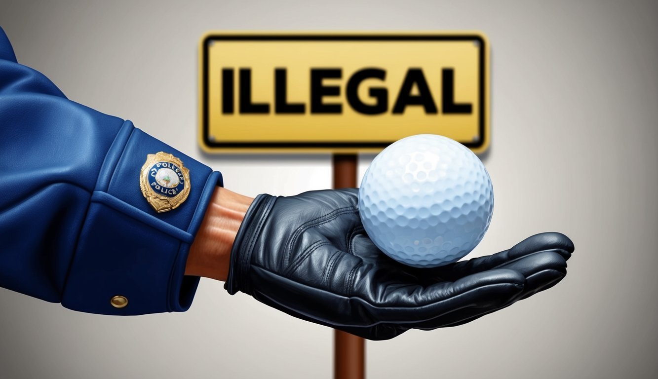 A golf ball being confiscated by a hand wearing a police officer's glove, as a sign with the word "illegal" is displayed in the background