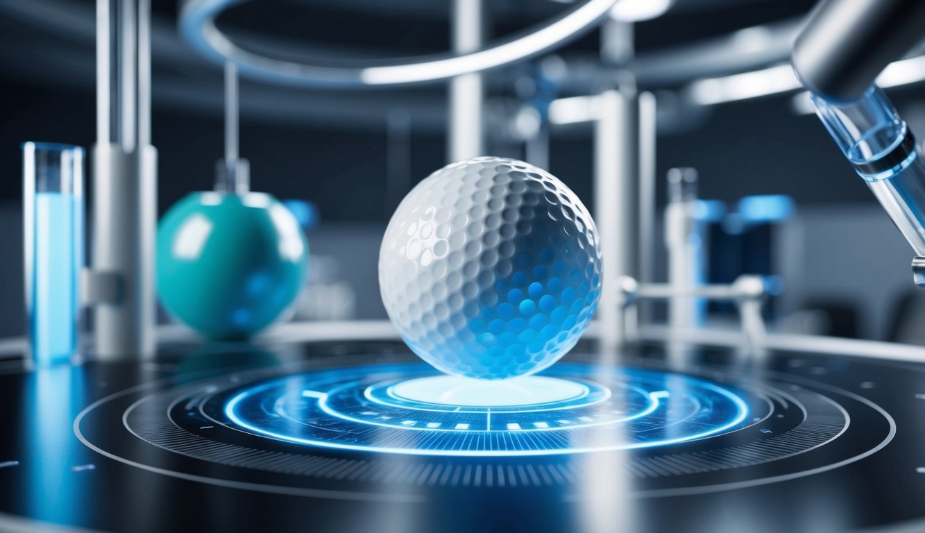 A high-tech golf ball being tested in a state-of-the-art laboratory with advanced equipment and technology