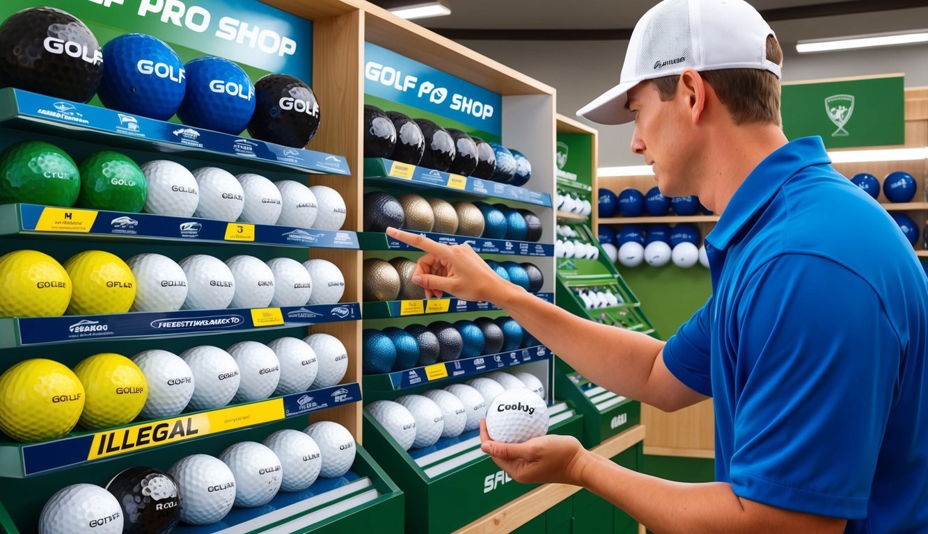 A golfer selecting from a variety of golf balls, with one ball clearly marked as "illegal" in a display at a golf pro shop